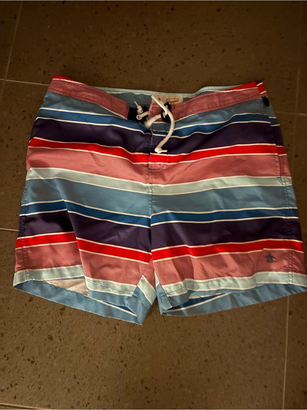 Penguin - Men's Striped Swim Trunks - Multi Blue - Size 34